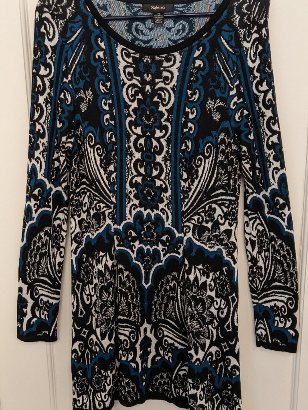 Style & Co Women's Sweater Dress M Black Paisley Midi Stretch Boho Indie Bold